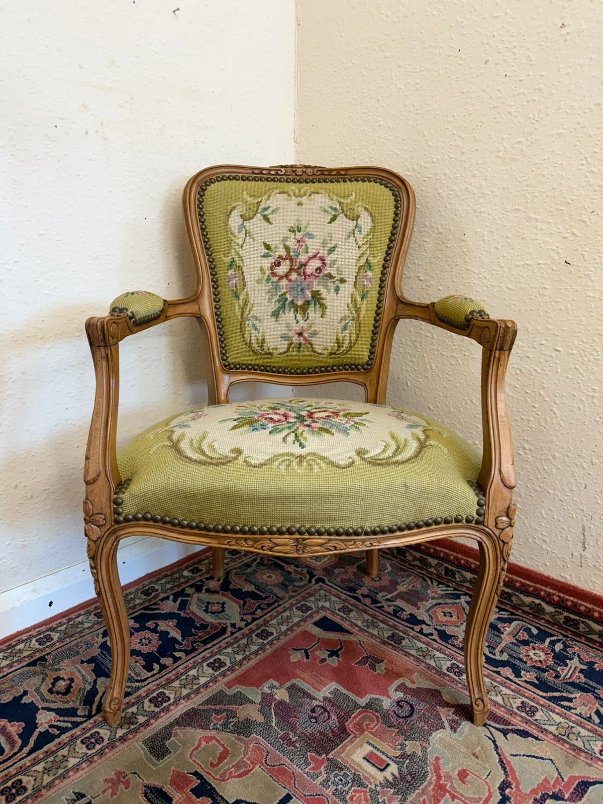 Elegant French Carved Walnut Needlepoint Armchair Circa 1930 photo for sale