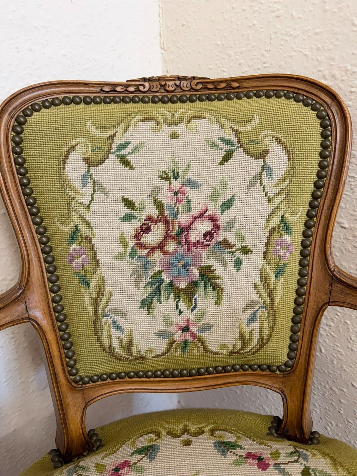 photo for sale Elegant French Carved Walnut Needlepoint Armchair Circa 1930