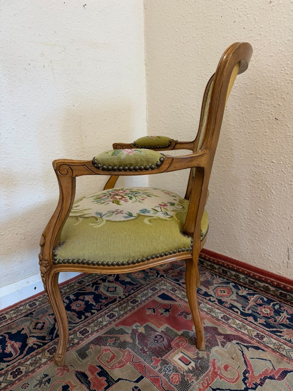 photo buy Elegant French Carved Walnut Needlepoint Armchair Circa 1930