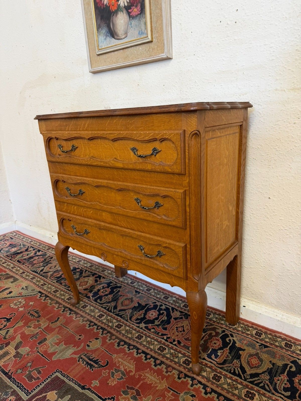 Elegant French Solid Oak Shaped Top Chest Of Three Drawers Circa 1950 photo Furniture