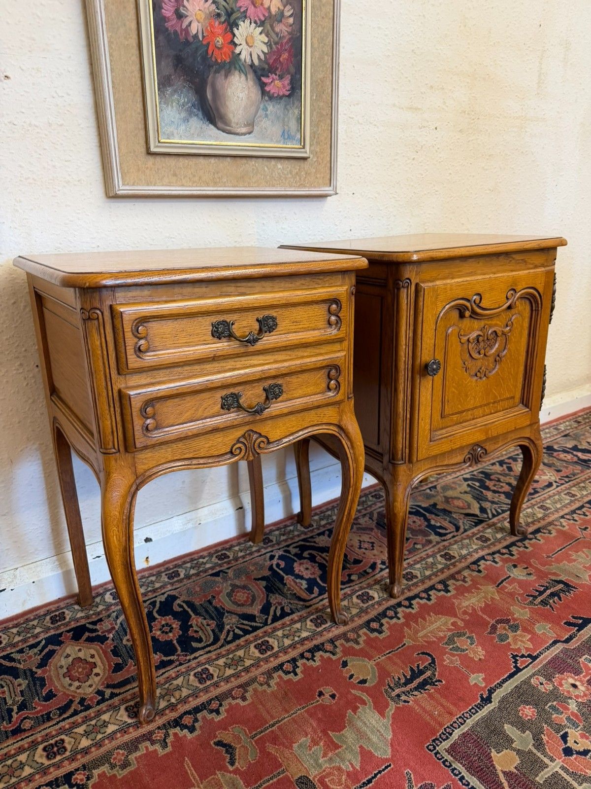 French Pair Of Carved Oak His And Hers Bedside Cabinets Circa 1950 photo 350.0