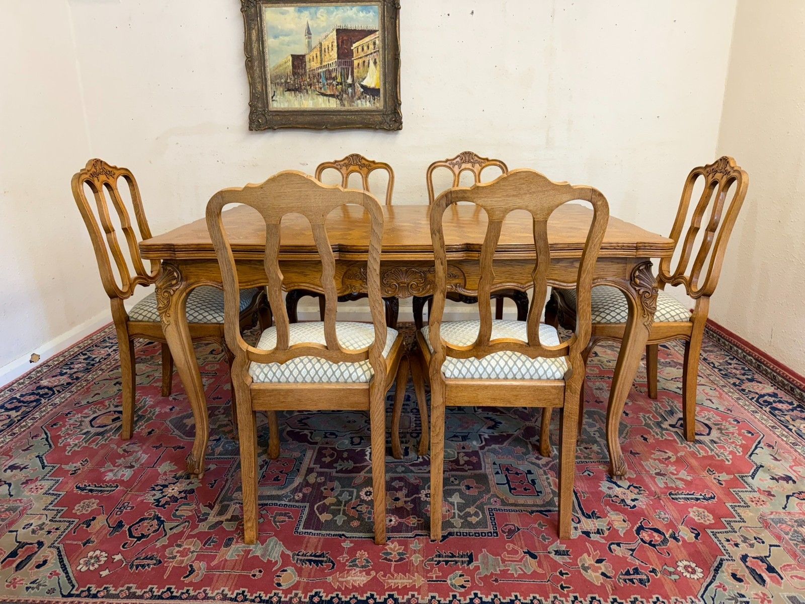 Antique French Carved Oak Parquetry Top Extending Table & Six Chairs Circa 1930 photo for sale
