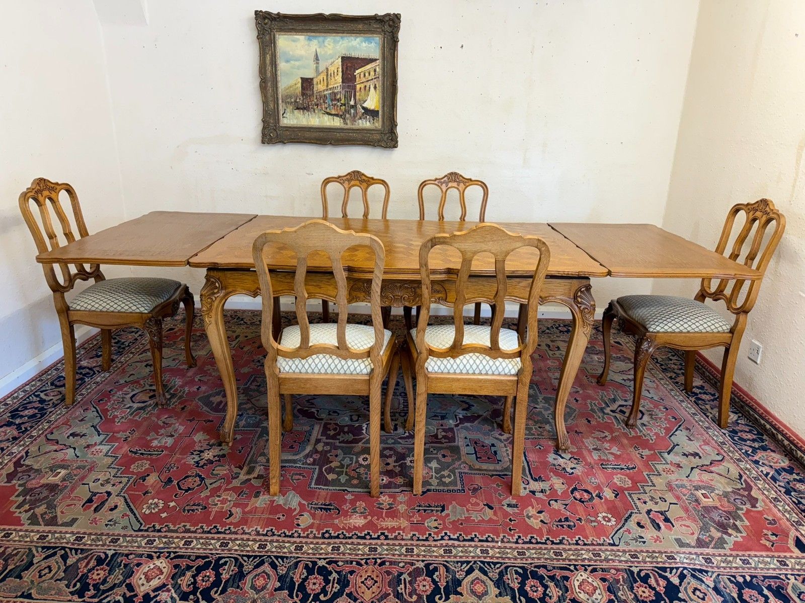 Antique French Carved Oak Parquetry Top Extending Table & Six Chairs Circa 1930 photo buy