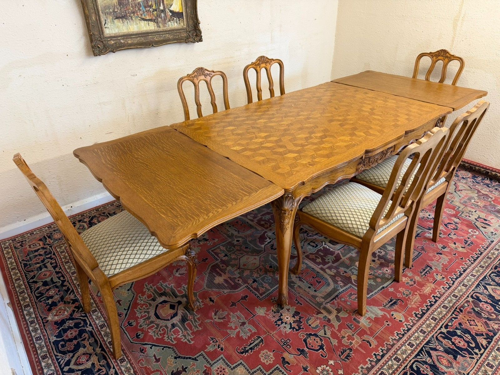 photo furniture Antique French Carved Oak Parquetry Top Extending Table & Six Chairs Circa 1930