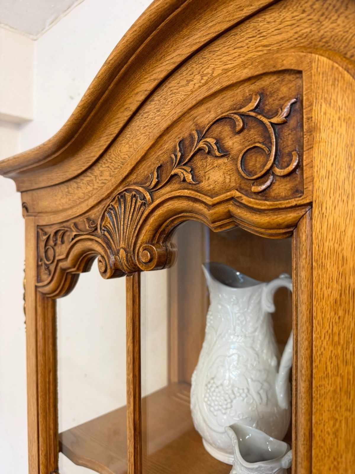 Antique French Carved Oak Glazed Cabinet Circa 1930 photo vintage