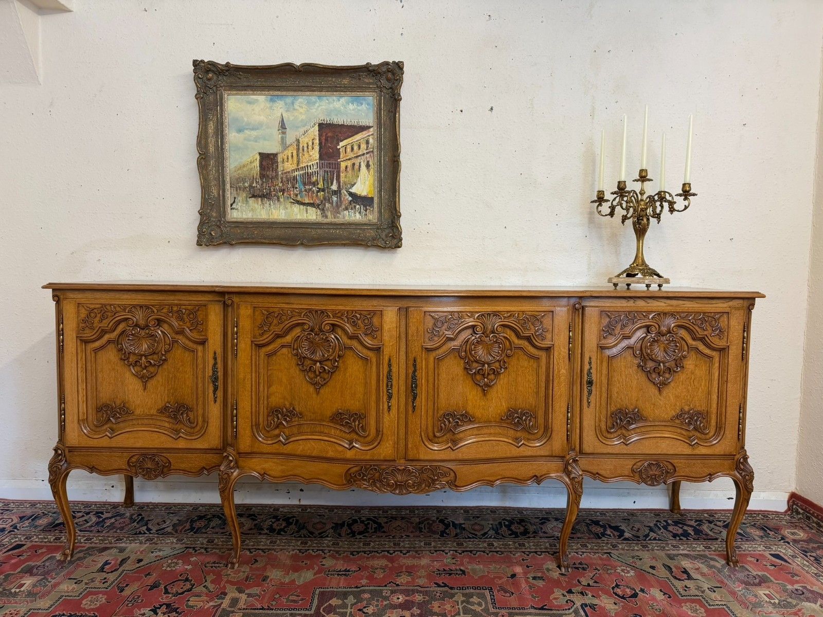 Antique French Shaped Carved Oak Four Door Enfilade/Credenza Circa 1930 photo furniture