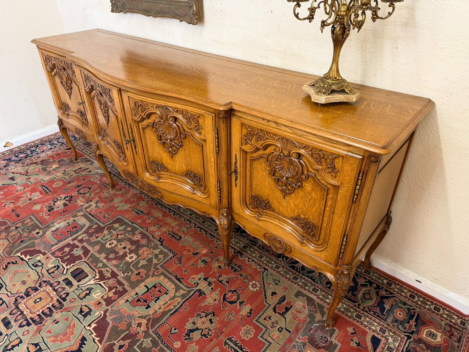 Antique French Shaped Carved Oak Four Door Enfilade/Credenza Circa 1930 photo vinterior