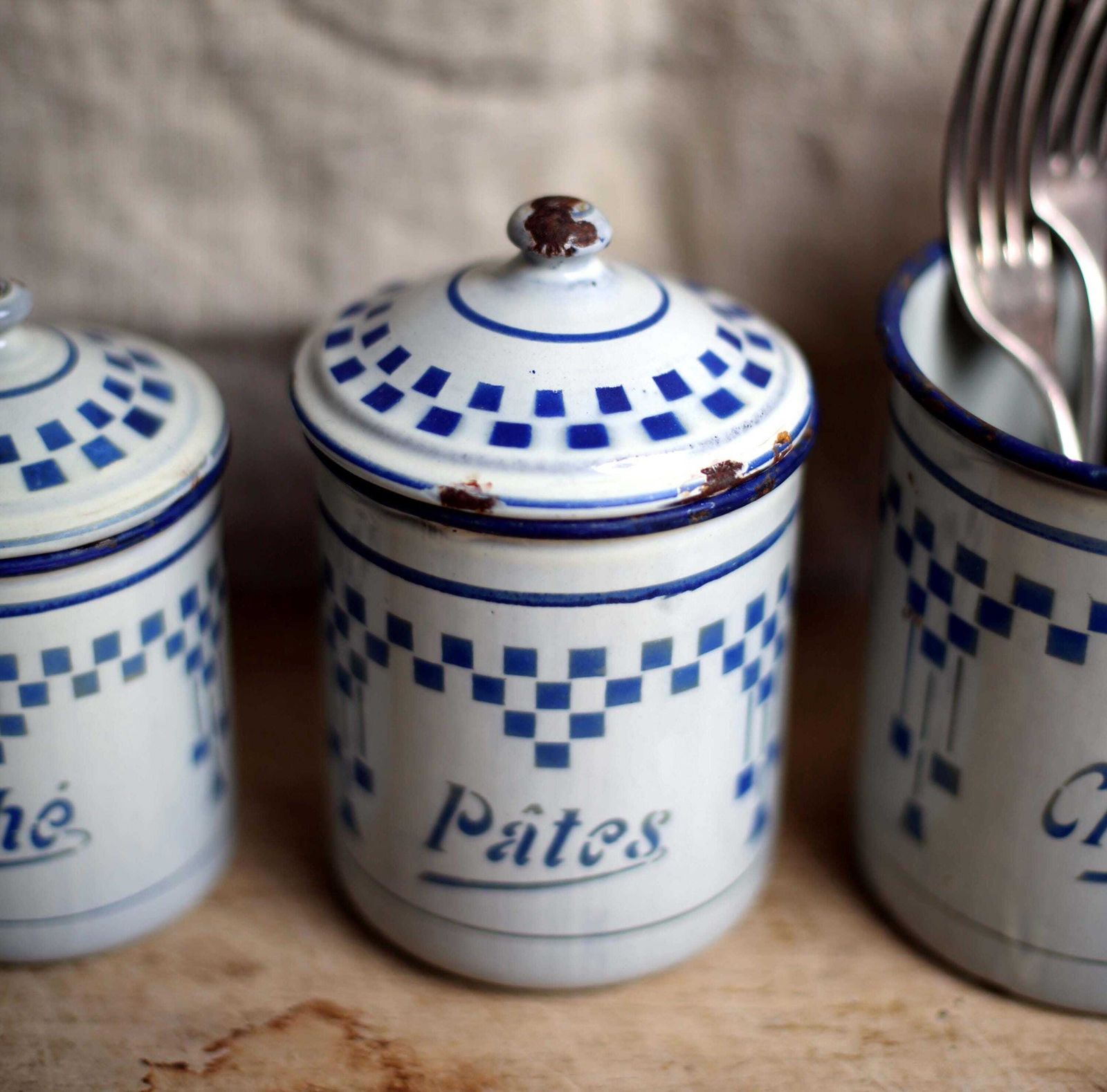 Set Of 4 Antique Enamel Canisters Lustucru Blue & White Art Deco Enamel Pots photo Home Decor