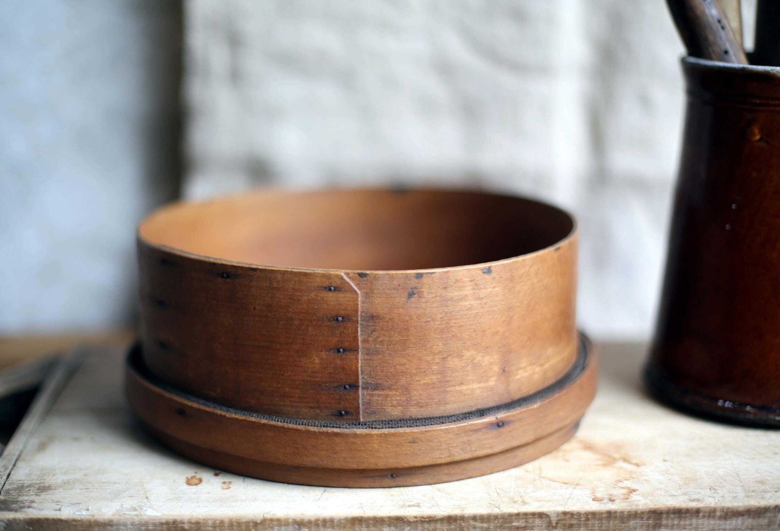 photo furniture Antique French Wooden Sieve Bentwood Flour Round Dredger Kitchen Bakewear Sifter