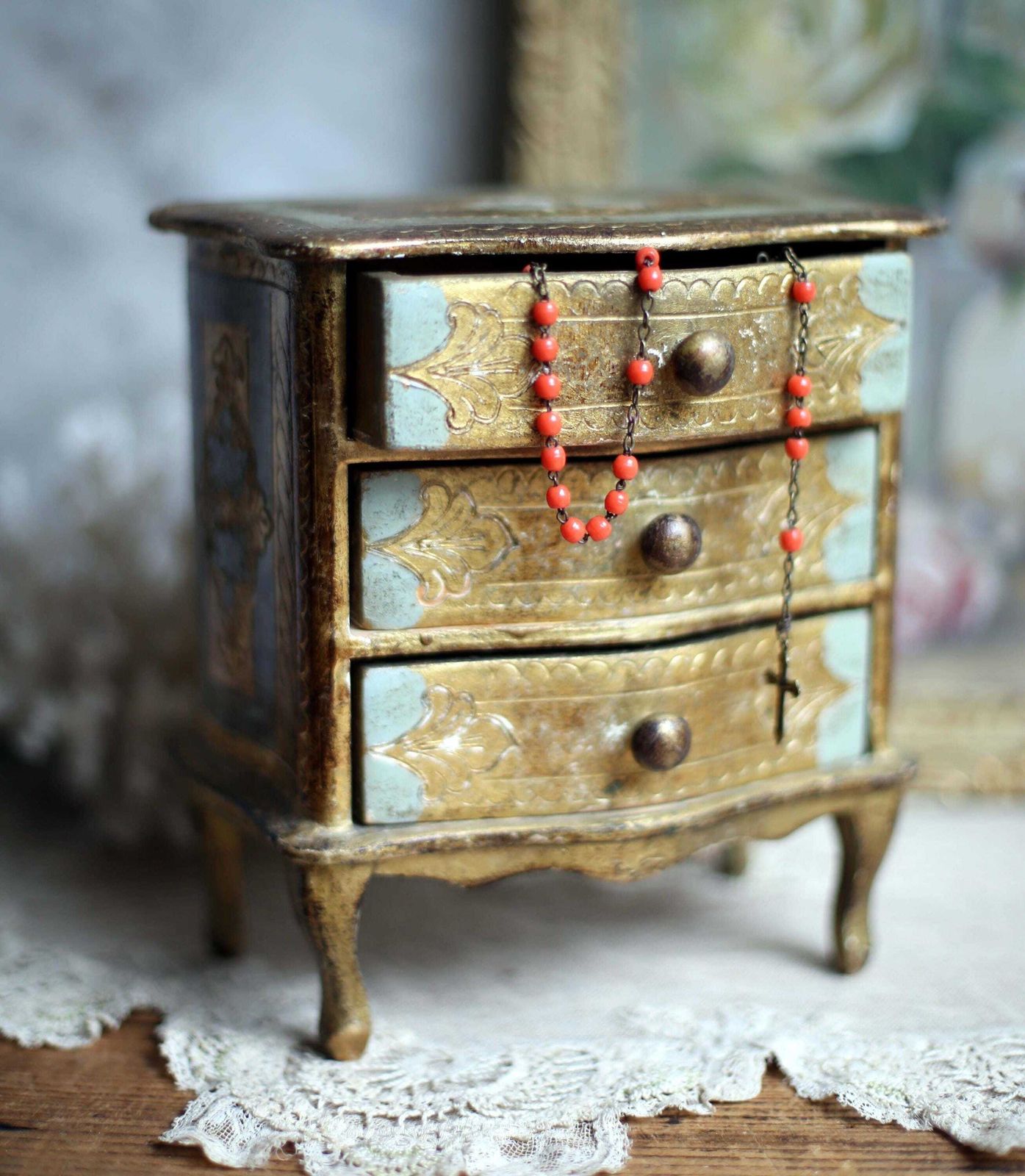 Antique Florentine Trinket Box Blue & Gold Miniature Chest Of Drawers Storage Jewelry Box photo 140.0