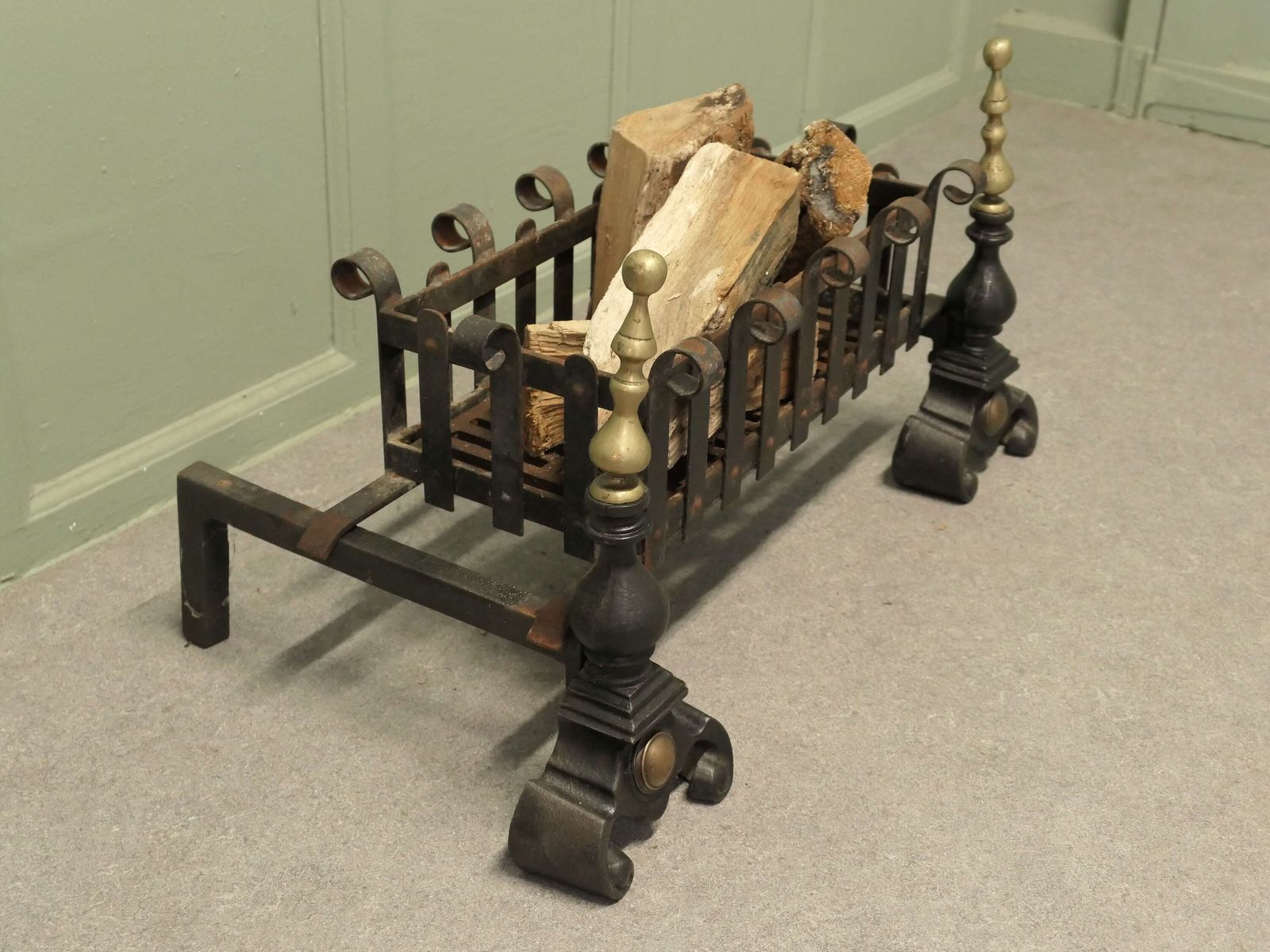 19th Century Inglenook Fire Grate On Andirons Forged Iron Log Grate photo Home Fixtures