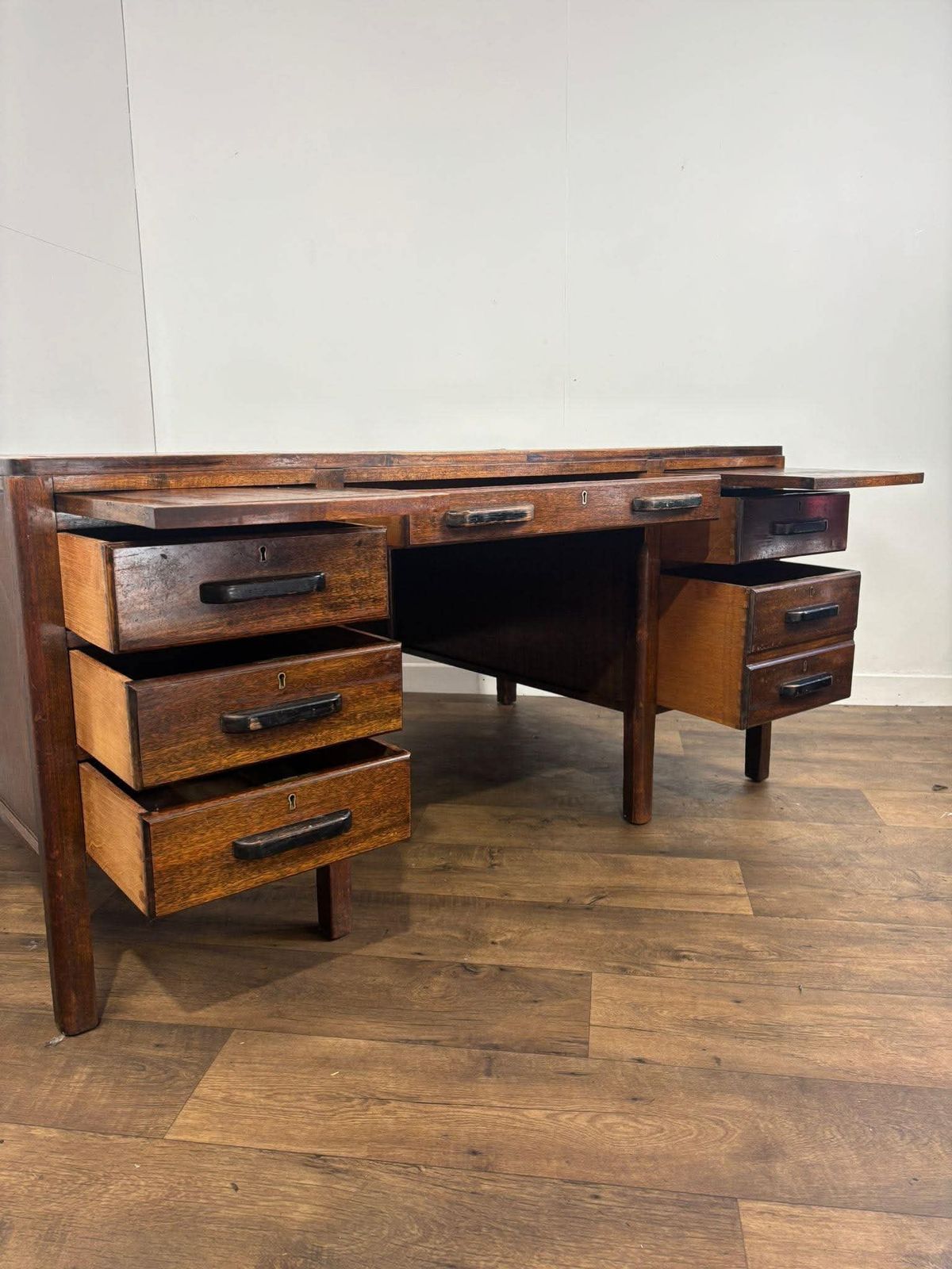Furniture Mid Century Oak Kneehole Twin Pedestal Desk photo