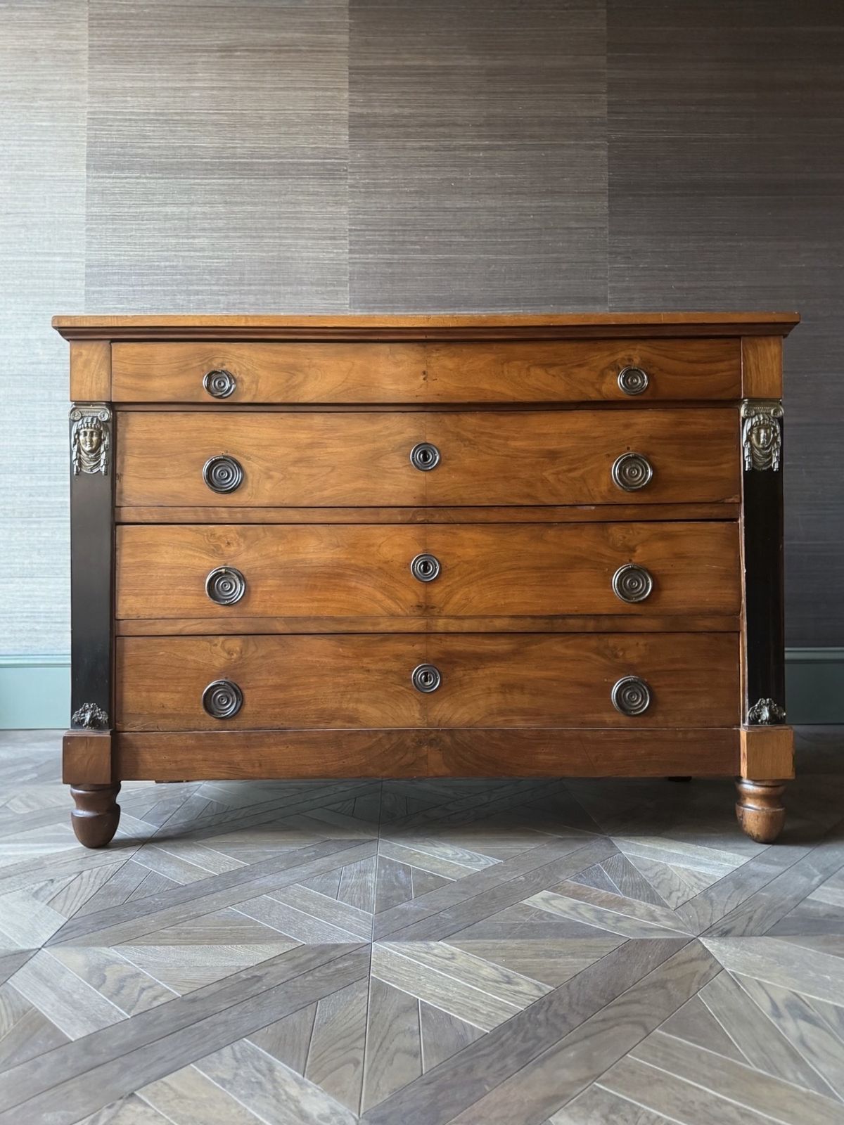 'The Watchers' 1800's French Empire Walnut Chest Of Drawers With Gilt Bronze Mounts And Ebonised Columns