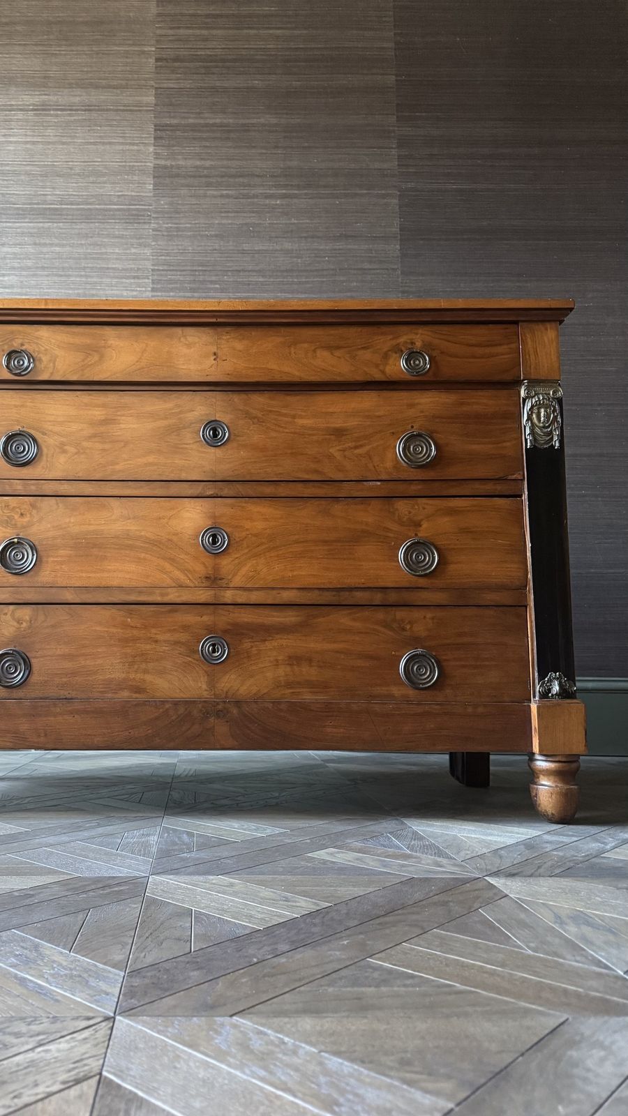 'The Watchers' 1800's French Empire Walnut Chest Of Drawers With Gilt Bronze Mounts And Ebonised Columns photo for sale