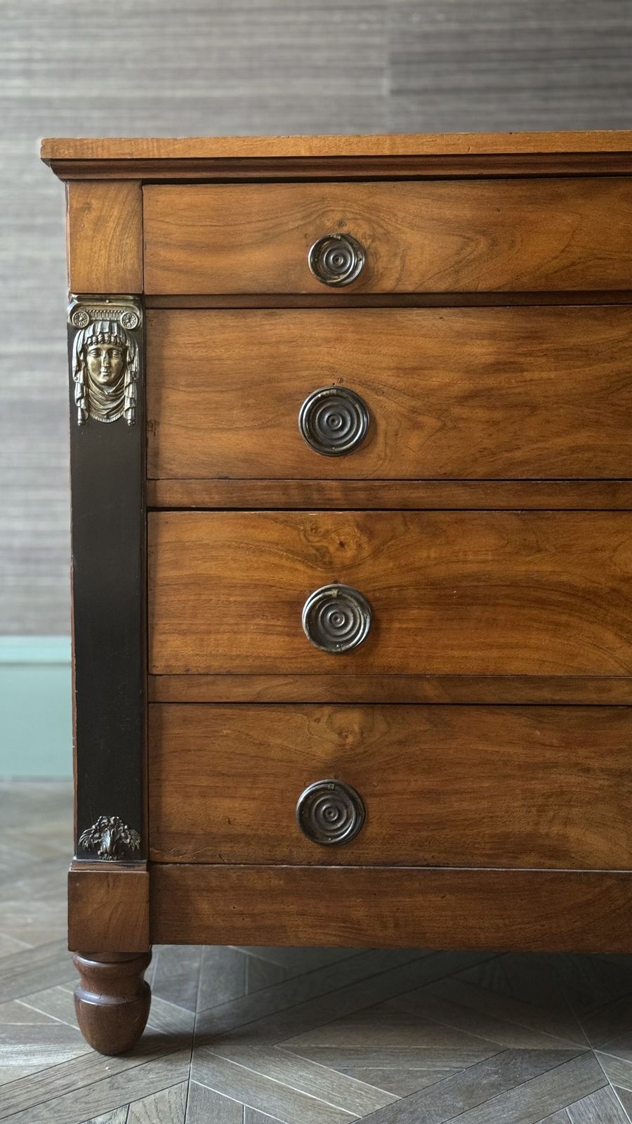 'The Watchers' 1800's French Empire Walnut Chest Of Drawers With Gilt Bronze Mounts And Ebonised Columns photo Furniture