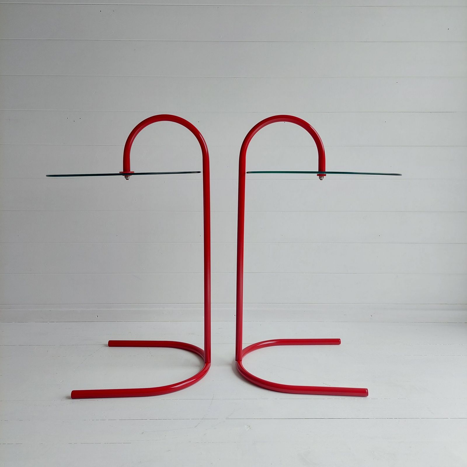 Vintage Ikea Ry Coffee Side Tables Glass Red Aluminium Postmodern Memphis, 1980s Set Of 2 photo for sale