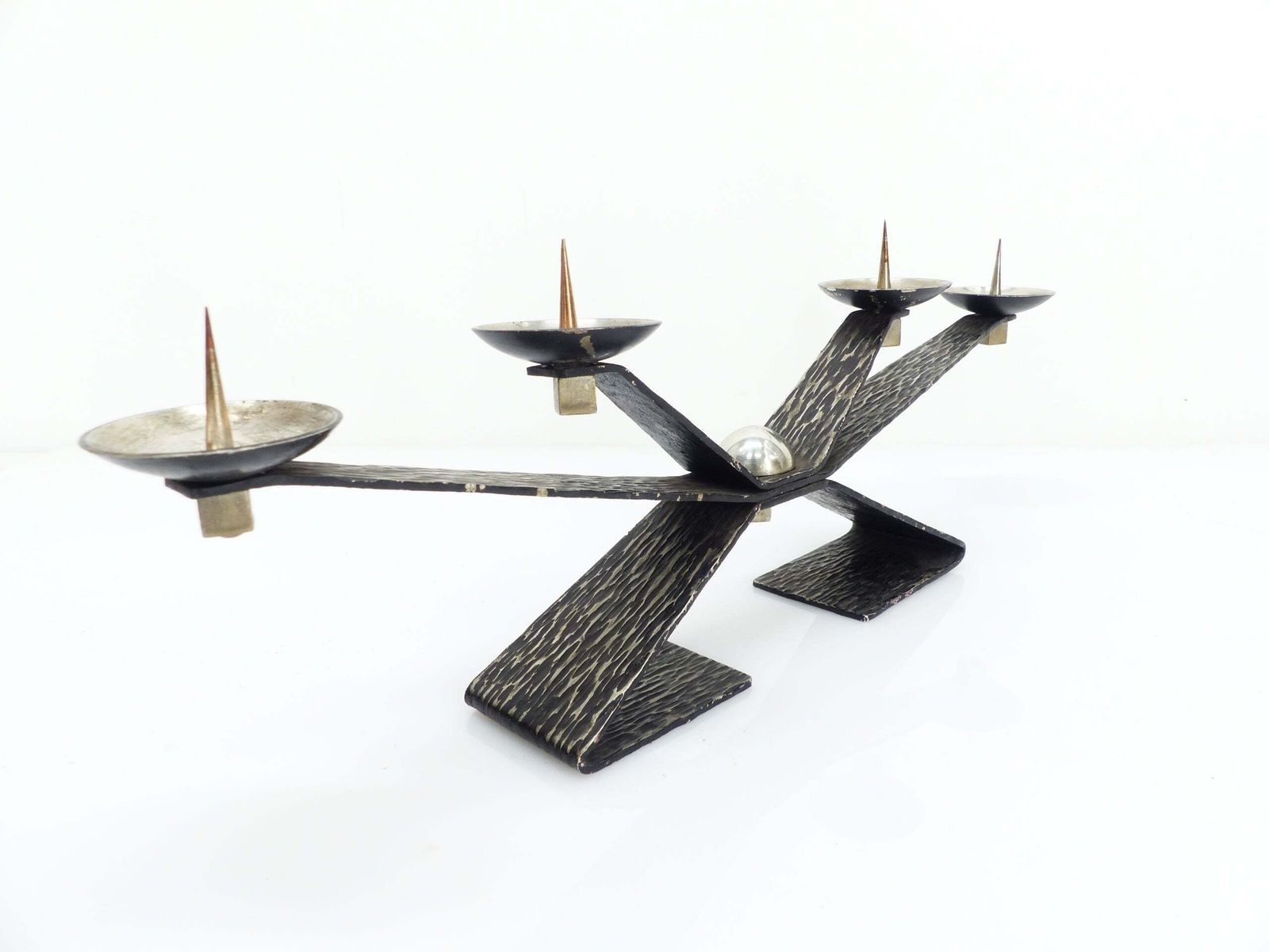 Modernist Brutalist Chandelier With Four Blackened Hammered Metal Spikes, Europe, Circa 1960 1970 photo Home Decor