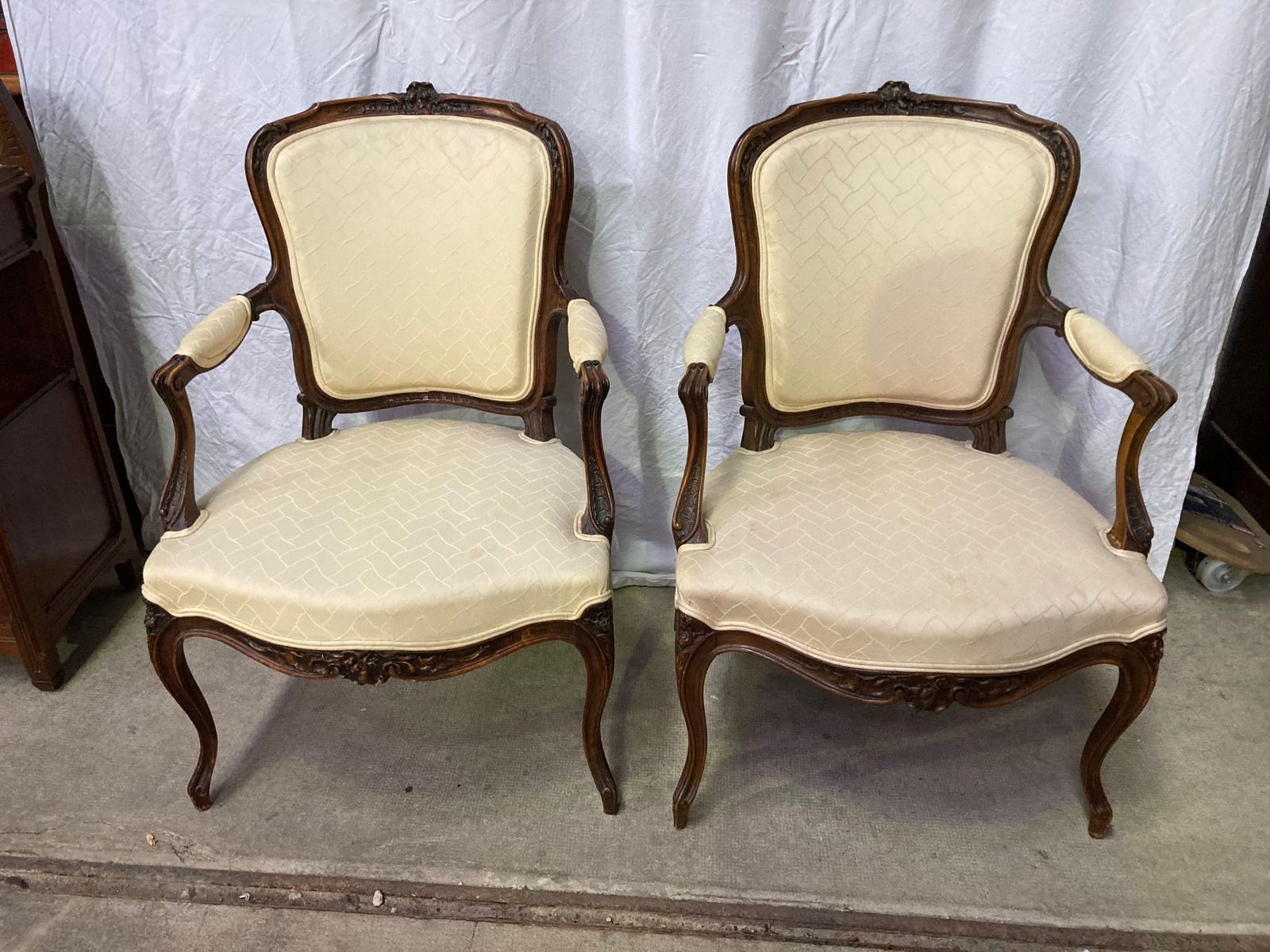 Furniture Pair Of Beige Louis XV Style Armchairs. photo