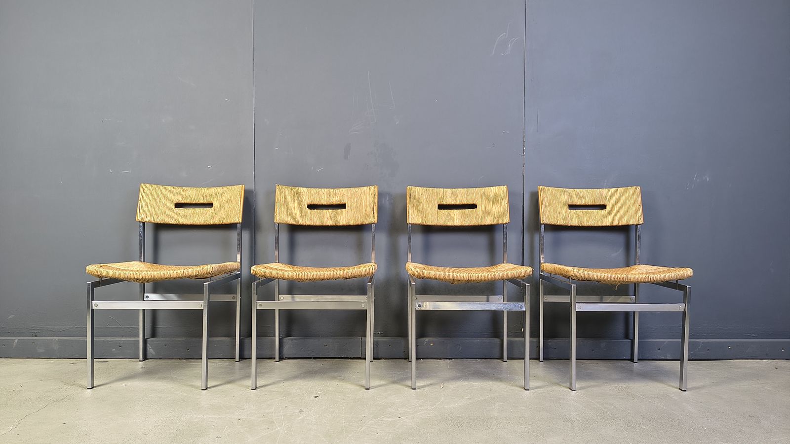 Furniture Belgian Wicker And Chrome Dining Chairs, 1970s   Set Of 4 photo