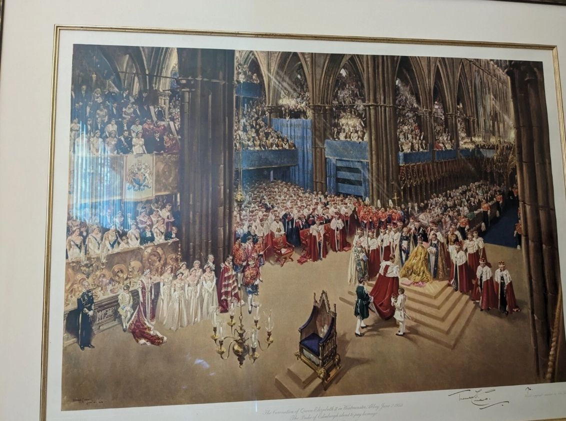 Terence Cuneo Signed Queen Elizabeth II Coronation Print. 106cm X 86cm Framed photo furniture