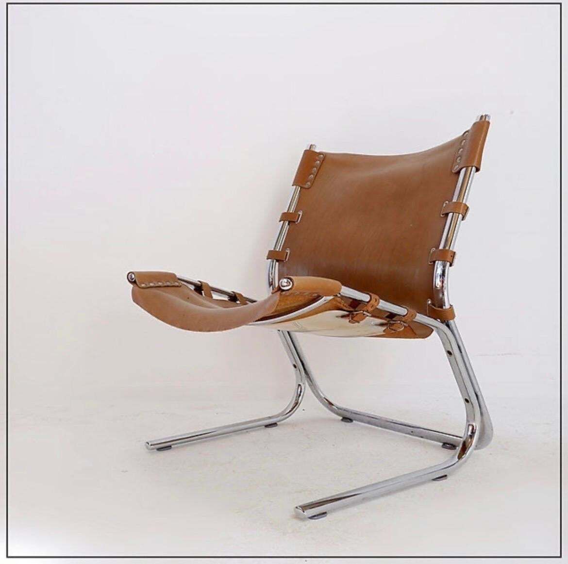 Mid Century Leather And Chrome Tubular Lounge Sling Chair, 1960s photo for sale