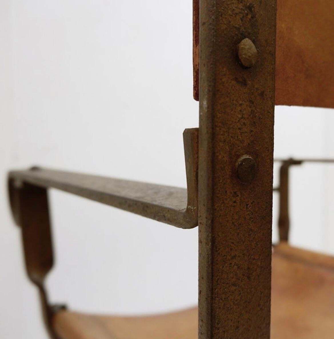 Brutalist Curule Armchair In Wrought Iron And Leather, Antique, 1950 photo Furniture