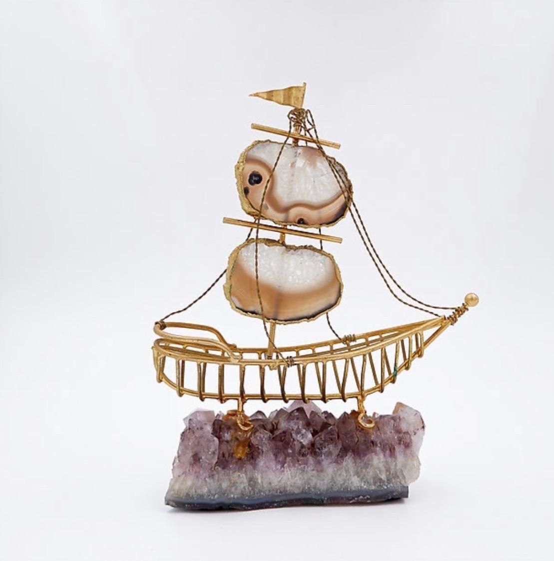 Mid Century Modern Brass Sailboat Sculpture On Amethyst Base, 1980 photo 251.0