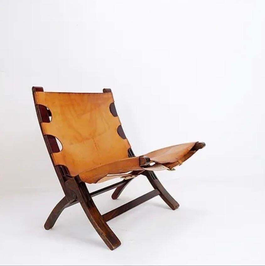 Mid Century Leather And Wood Folding Armchair, 1950s photo Furniture