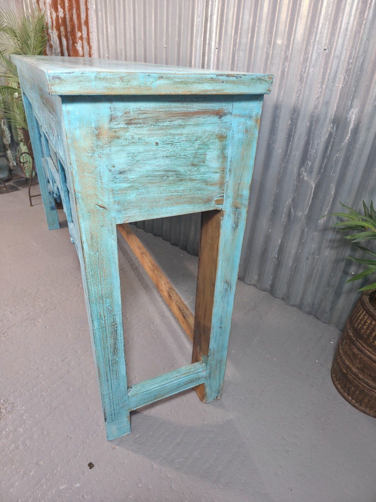 Vintage Reclaimed Indian Blue Solid Wooden Carved Hallway Console Table photo buy