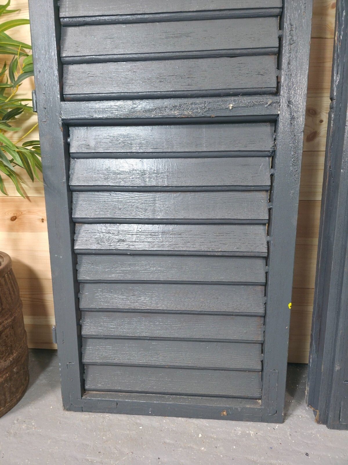 Vintage Antique Pair Rustic French Louvered Pine Wooden Window Shutters photo for sale