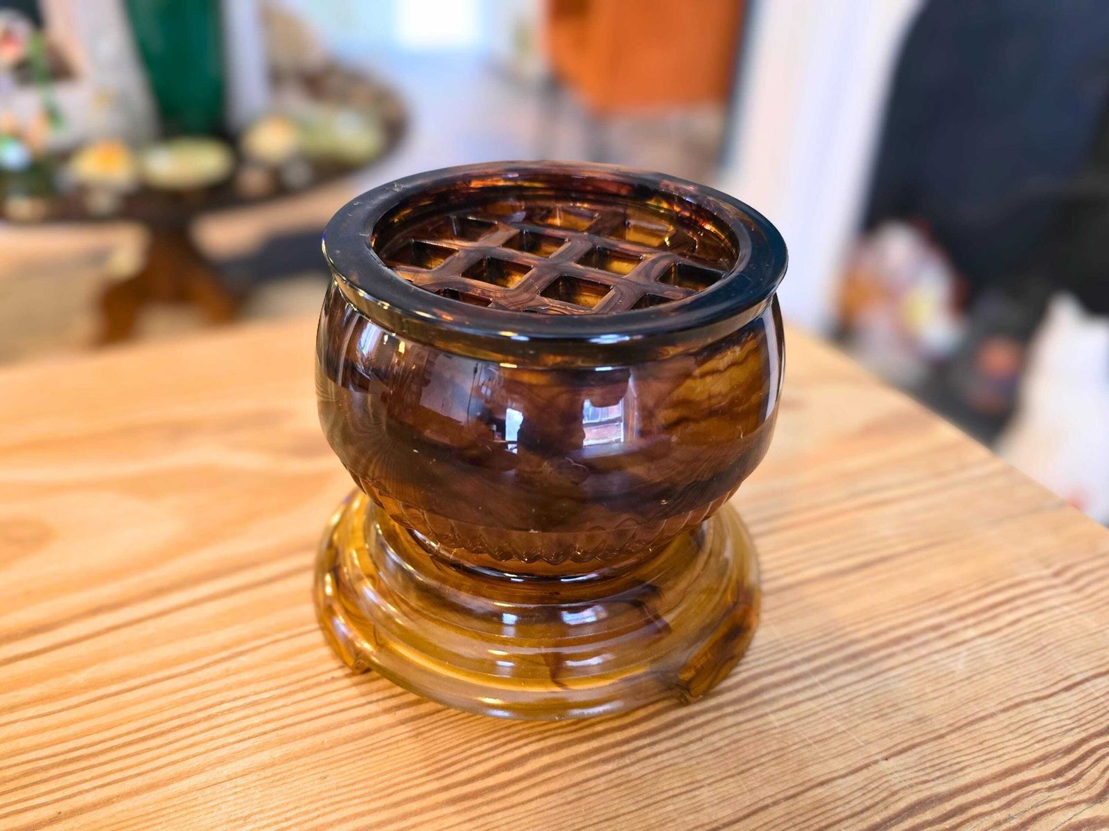Art Deco Davidson Cloud Glass Flower Bowl   3 Piece Brown Depression Glass 1930s #10/1910