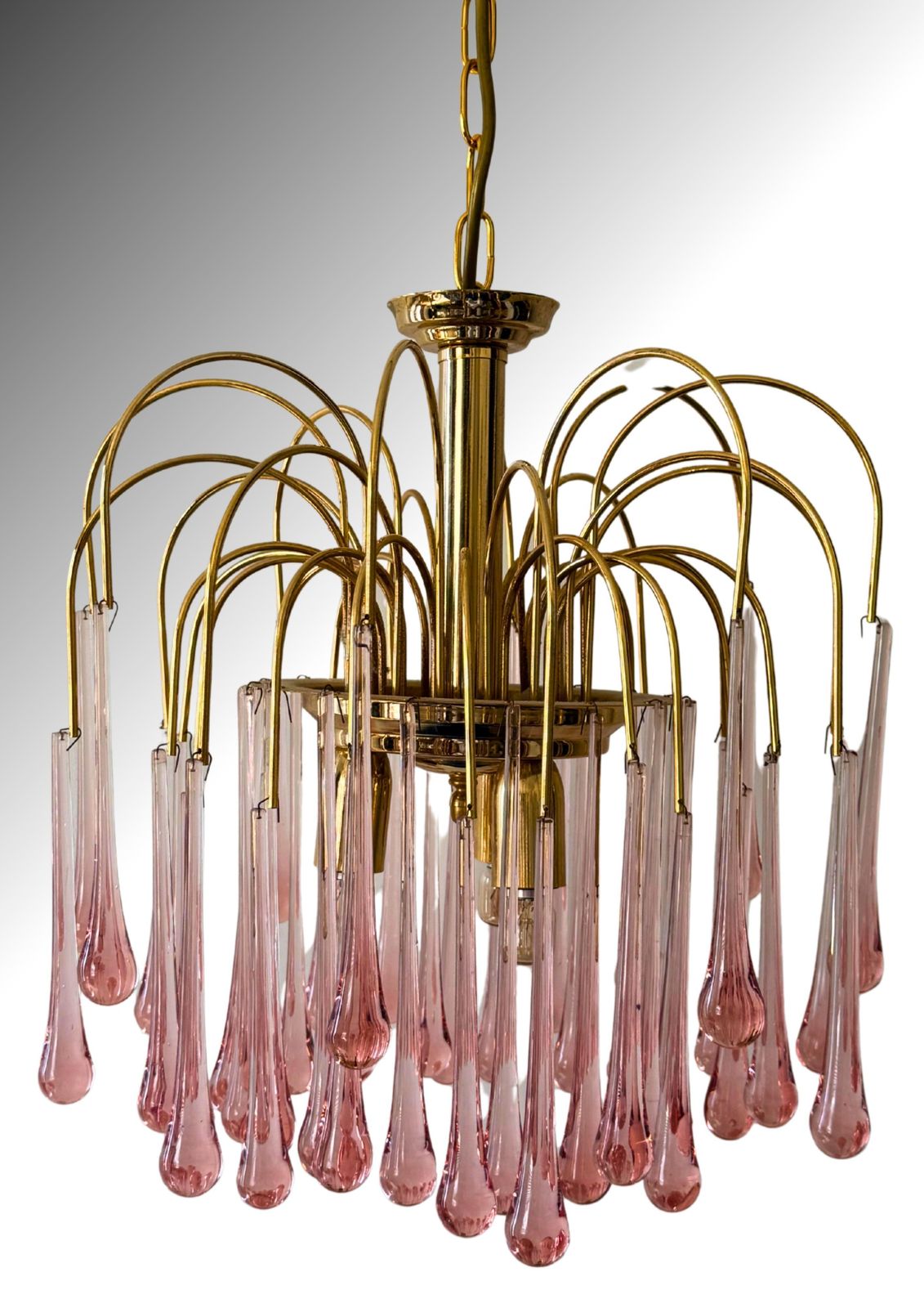 1970s Italian Murano Pink Glass Teardrop Chandelier With Brass Frame photo furniture