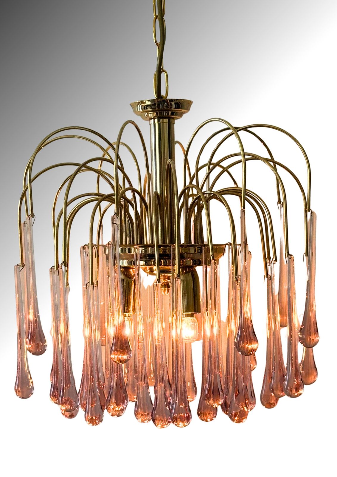 1970s Italian Murano Pink Glass Teardrop Chandelier With Brass Frame photo for sale