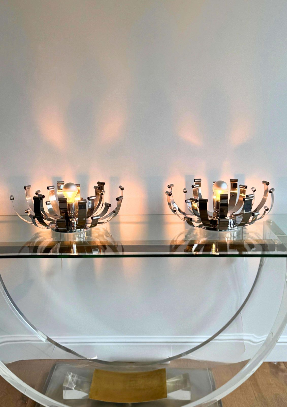 Pair 1970s Italian Design Sculptural Chromed Steel Large Desk Lamps By Reggiani photo vintage