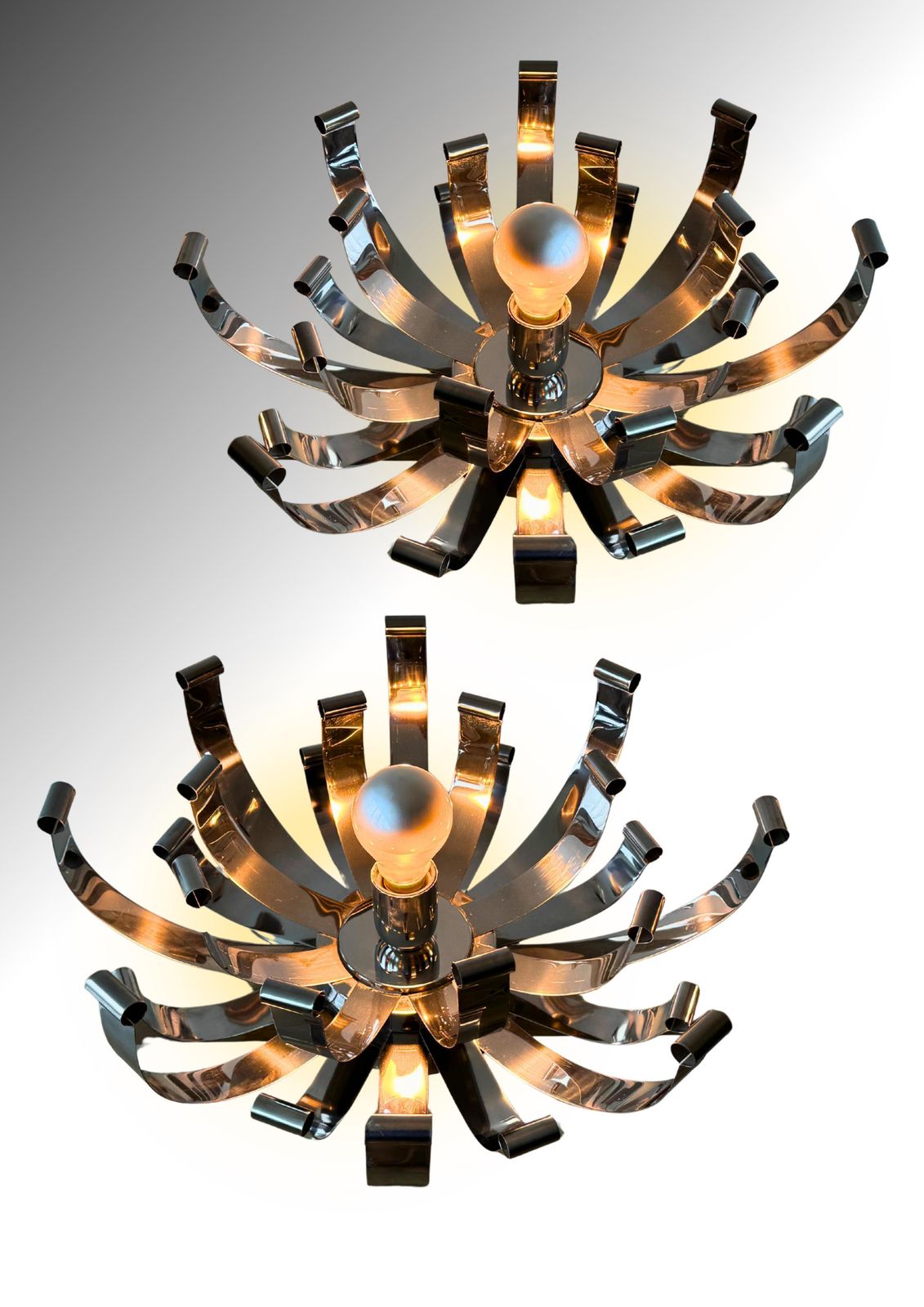 photo for sale Pair 1970s Italian Design Sculptural Chromed Steel Large Desk Lamps By Reggiani