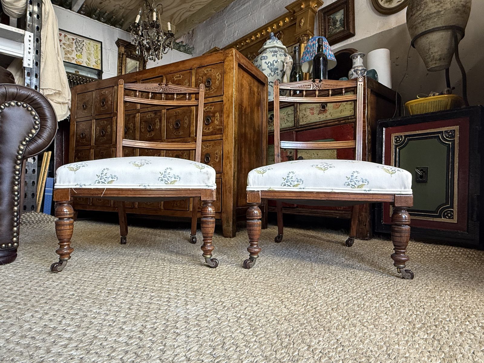 Pair Of Antique Mahogany Nursing Chairs Accent Low Dressing Room Chairs