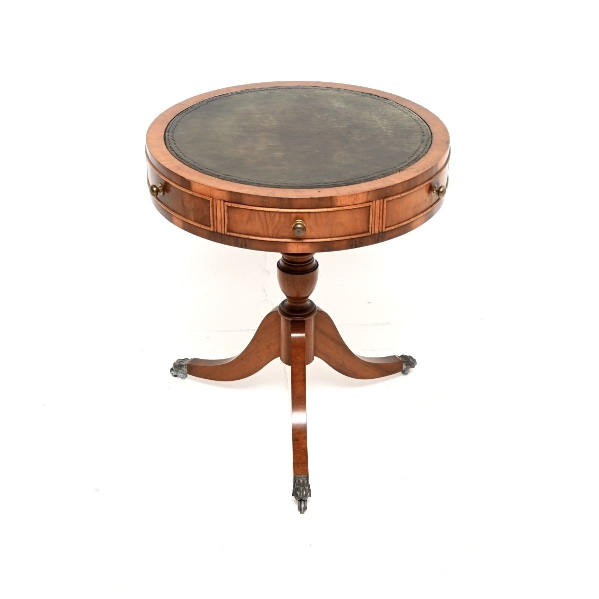 Antique Yew Wood Leather Top Drum Table
