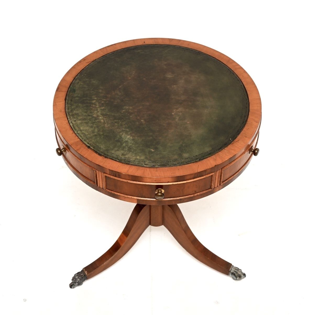 Antique Yew Wood Leather Top Drum Table photo for sale