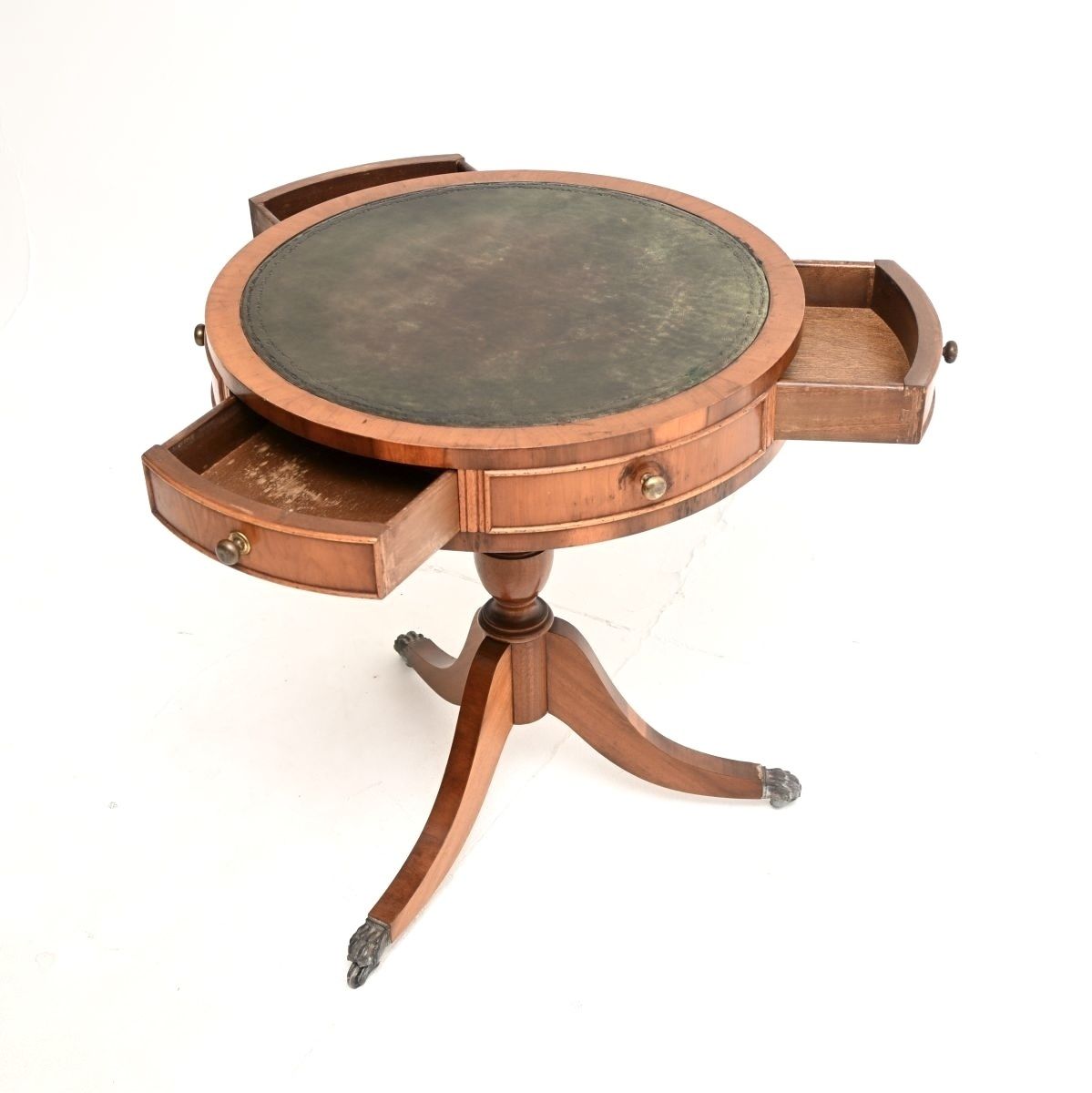 Antique Yew Wood Leather Top Drum Table photo Furniture