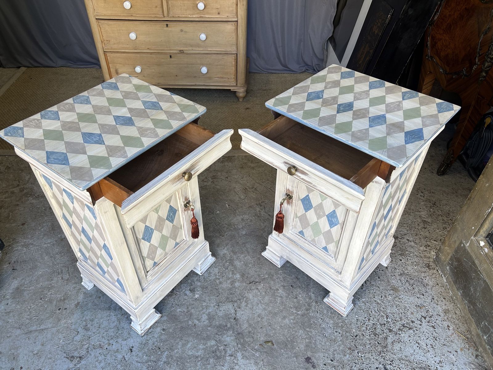 Pair Of French Bedside Tables Painted In An Antiqued Diamond photo Furniture