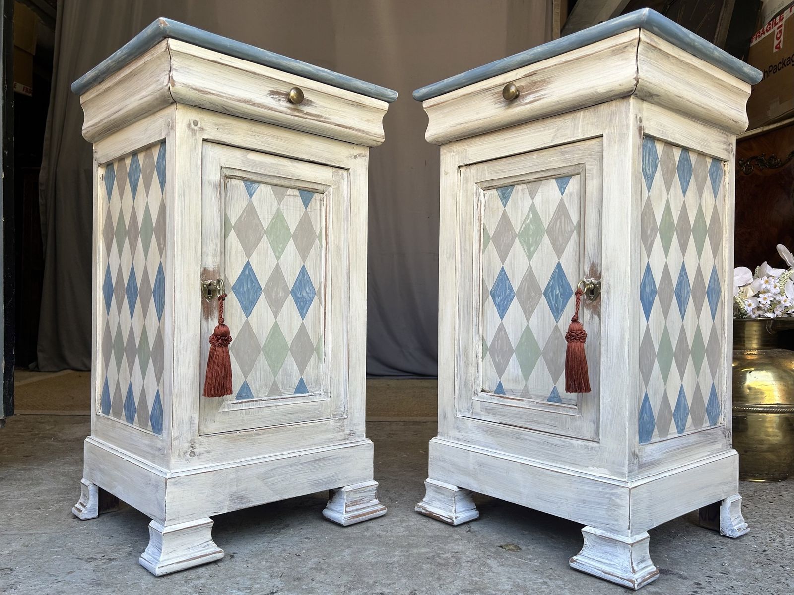 Pair Of French Bedside Tables Painted In An Antiqued Diamond photo 550.0