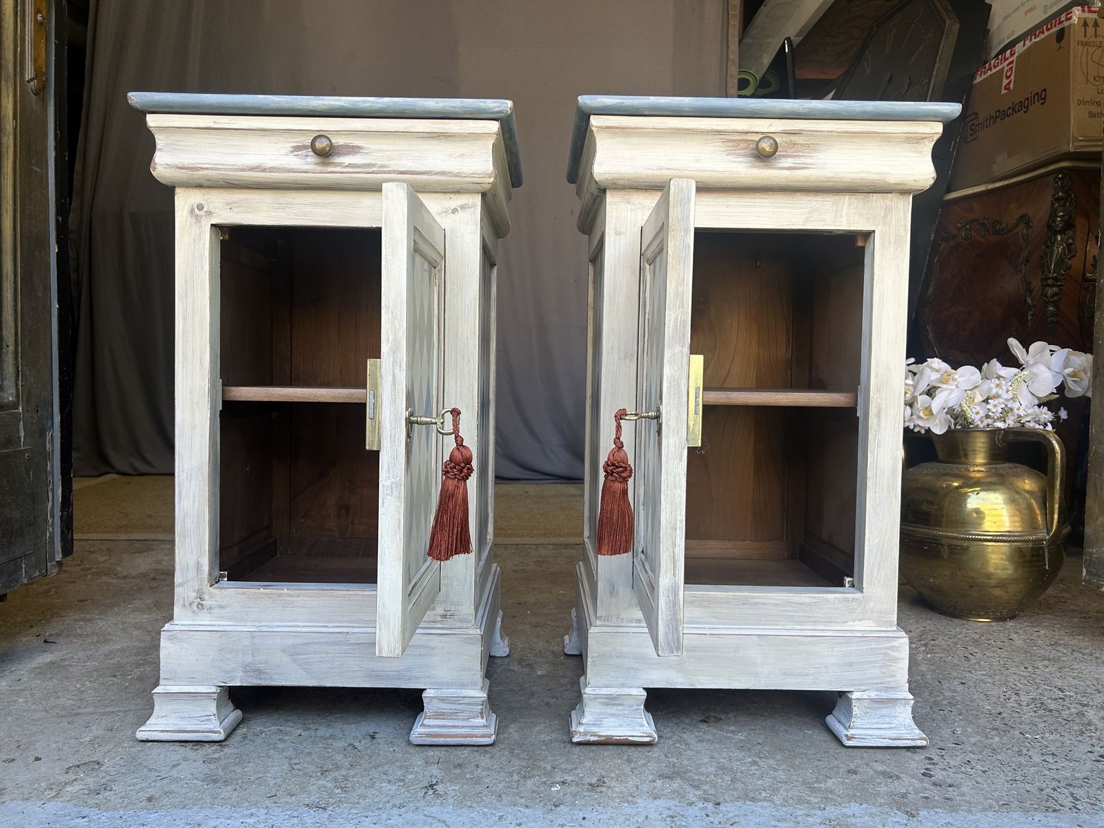 photo furniture Pair Of French Bedside Tables Painted In An Antiqued Diamond