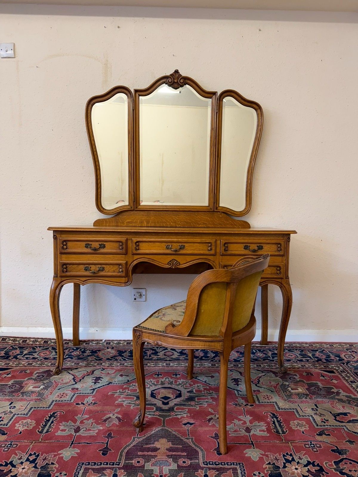 French Carved Oak Tripple Mirrored Dressing Table And Chair Circa 1950 photo 475.0