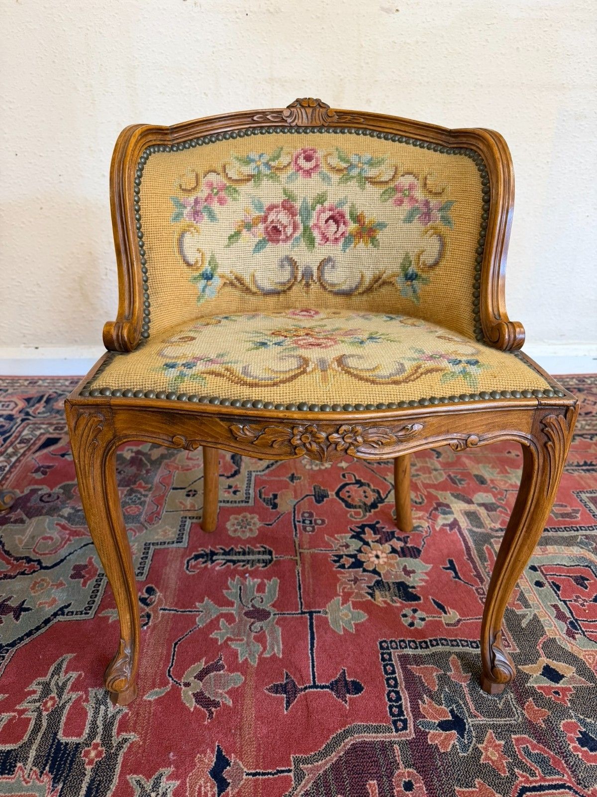 photo for sale French Carved Oak Tripple Mirrored Dressing Table And Chair Circa 1950
