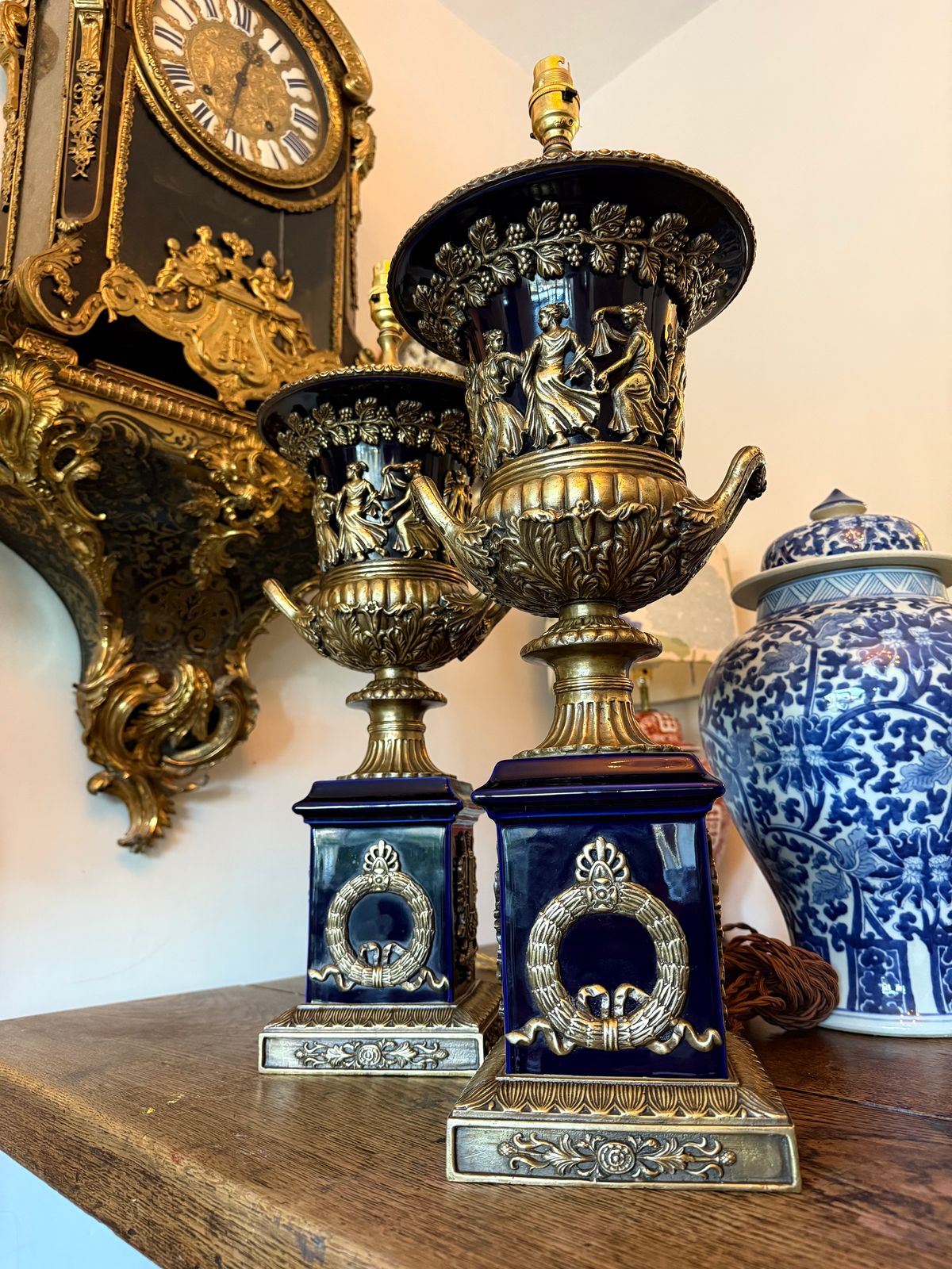Pair Of Large Urn Lamps Brass And Blue Ceramic Lamps Regency Lamps