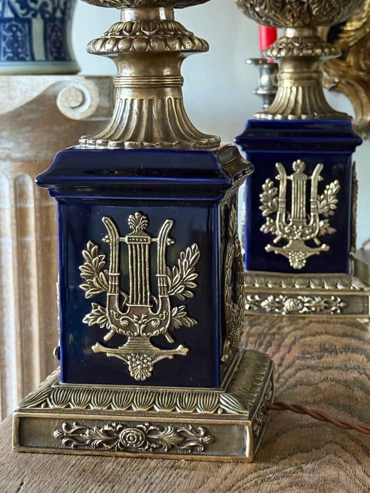 Pair Of Large Urn Lamps Brass And Blue Ceramic Lamps Regency Lamps photo 995.0