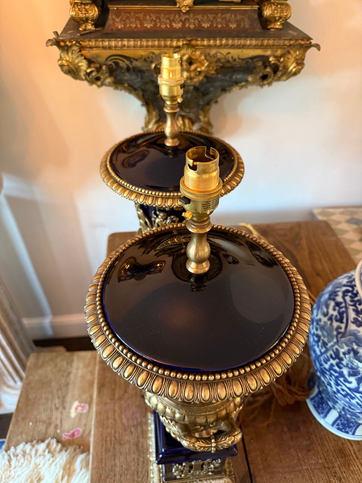 995.0 Pair Of Large Urn Lamps Brass And Blue Ceramic Lamps Regency Lamps photo