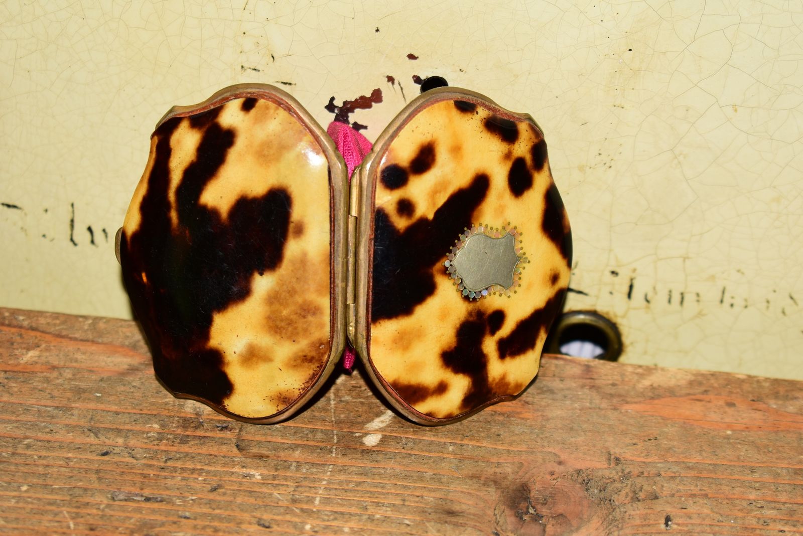 photo for sale Victorian Dyed Horn Coin Purse With Piqué Inlay, Rare Lift Clasp & Pink Moiré Silk