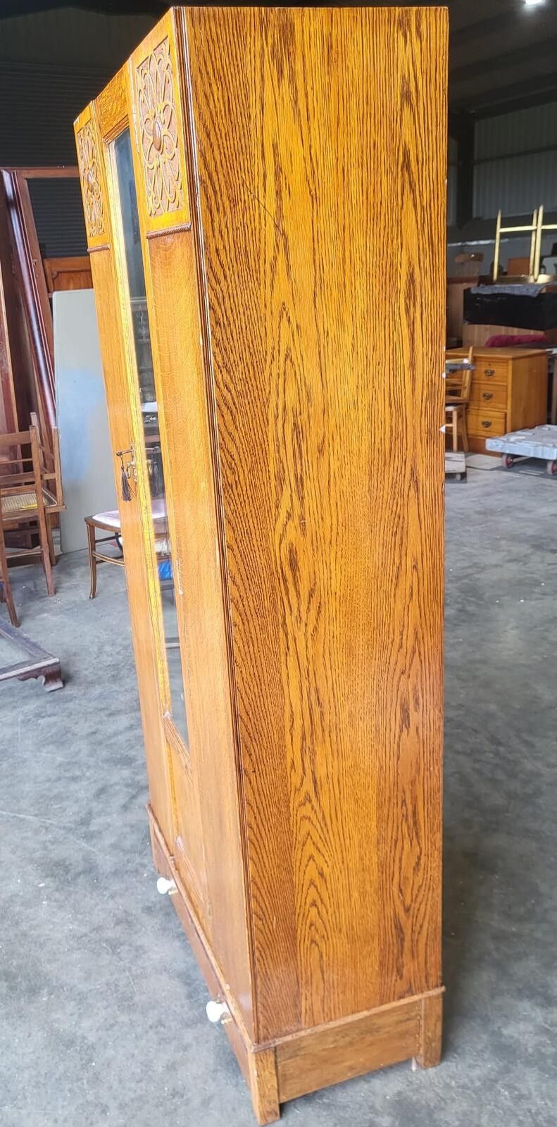 photo for sale Antique Art Nouveau Oak Single Mirrored Door Wardobe Drawer
