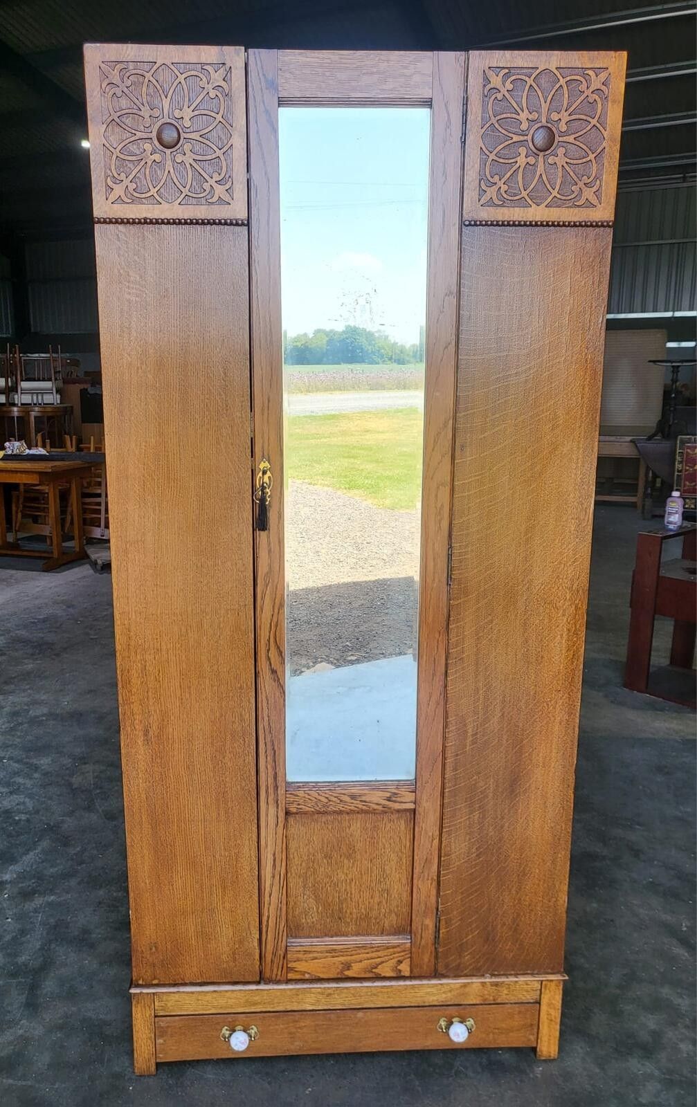 345.0 Antique Art Nouveau Oak Single Mirrored Door Wardobe Drawer photo